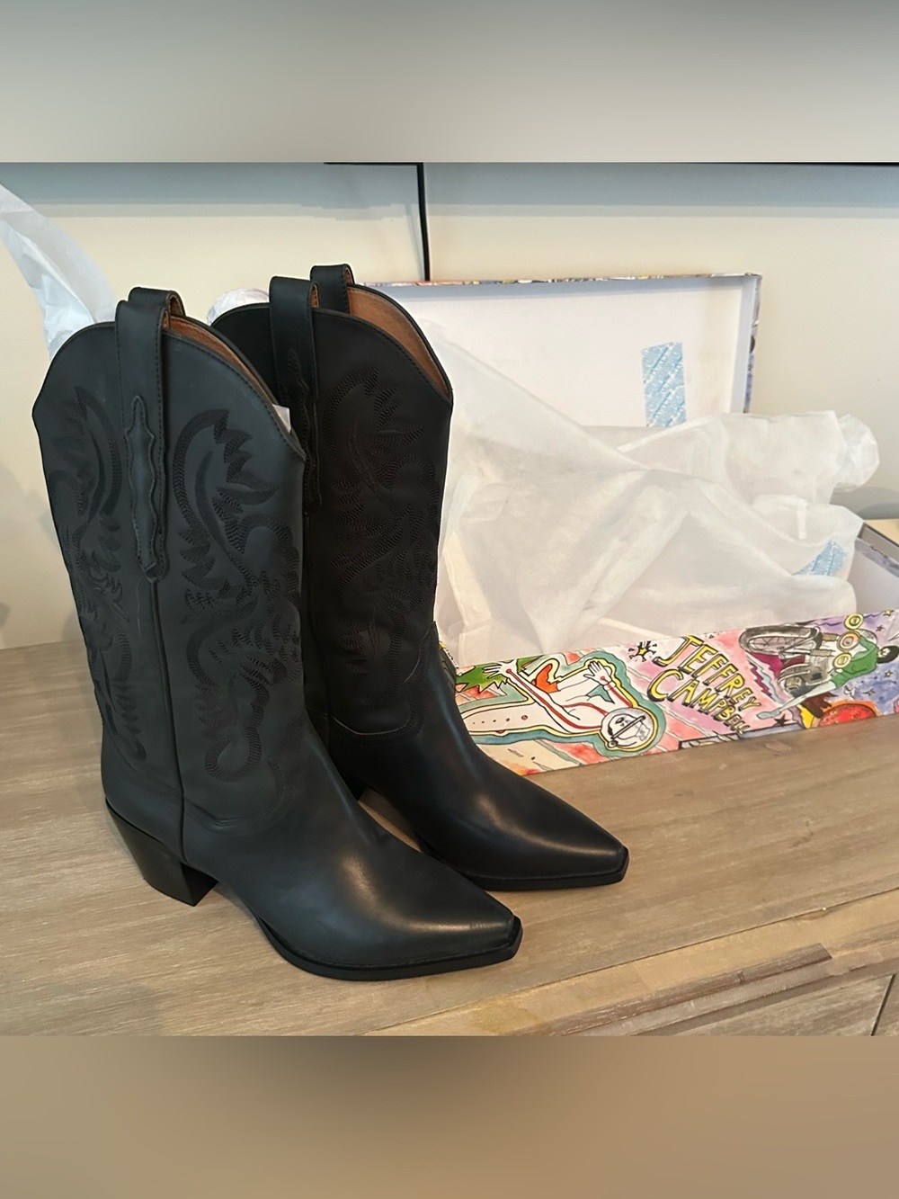 Jeffrey Campbell DAGGET Black Leather Embroidered Cowgirl Knee-High Boots 10
